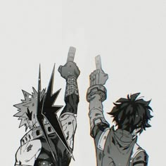 two anime characters holding up their arms in front of the sky with one pointing at something