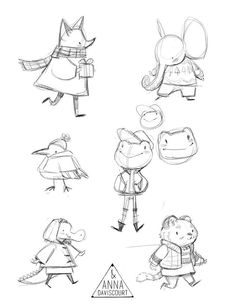 some drawings of animals and people in different poses, one is wearing an animal costume