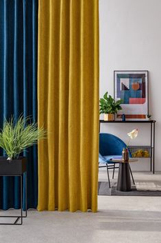 a living room with two curtains and a table in front of the curtain is a plant