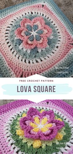 two crocheted squares with flowers on them and the text, free crochet pattern