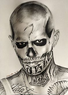 a drawing of a man with tattoos and piercings on his face is shown in this image