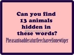 a pink square with the words can you find 13 animals hidden in these words?