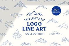 the mountain logo line art collection is displayed on a white background with blue and gray mountains