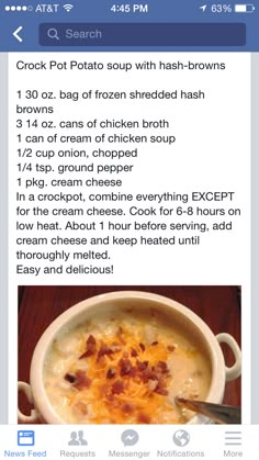 an image of a bowl of soup with bacon and cheese in it on the facebook page