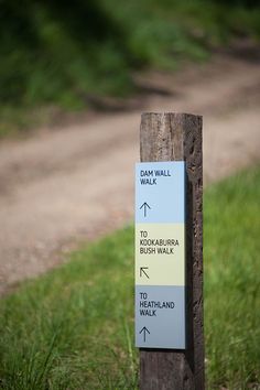 a wooden sign on the side of a dirt road pointing to different areas in the park