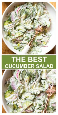 greek cucumber salad with dill and red onion in a white bowl on a wooden table