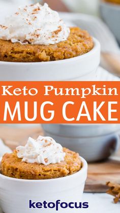 keto pumpkin mug cake with whipped cream in two white bowls on a wooden table