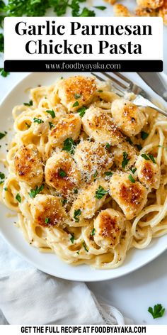 garlic parmesan chicken pasta on a white plate with text overlay that reads garlic parmesan chicken pasta