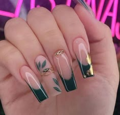 Emerald Green And Gold Acrylic Nails, Green Coffin Nail Ideas, Emerald Green Acrylic Nail Designs, Gold Acrylic Nails, Green Acrylic Nails, Classic Nail, Nail Drills, Professional Manicure, Stylish Nails Designs