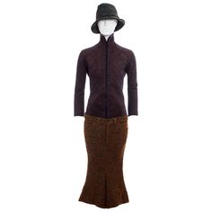 ▪ Junya Watanabe Comme des Garçons multicoloured tweed ensemble ▪ 100% Wool ▪ Bias-cut figure hugging panels ▪ Purple high-neck bodysuit with pin-tucked waist panel ▪ Orange low rise fishtail shorts/skirt ▪ Blue bucket hat ▪ Size Small ▪ Fall-Winter 2004 Blue Bucket Hat, Suit Hat, Tweed Pants, High Neck Bodysuit, Shorts Skirt, Outfit References, Archive Fashion, Pant Suit, Junya Watanabe