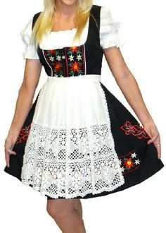 ************************  Important - Please Read I have this lovely Dirndl in a Short & Long Version. This is the SHORT Version. Length From The Waist Down: �  19 1/2"  to  20" ~~~~~~~~ How To Measure For A Good Fit ??? The Best Way Is To Measure With Just Your Under-Garments On. Bust : Measure with just your bra on. Measure around the fullest area of your bust. Waist : Measure around the smallest part of your waist area. Now take those 2 measurements and buy ac Apron Embroidery, German Dirndl Dress, Dirndl Dress Oktoberfest, German Dress Dirndl, German Clothing, Lace Apron, German Dress, White Apron, Dirndl Dress