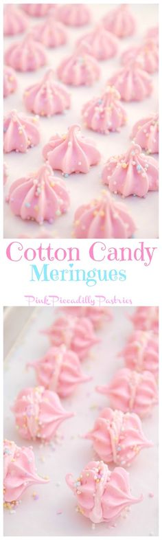 pink cotton candy meringues with white frosting and sprinkles