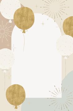 an abstract background with balloons and confetti in gold, white and grey colors