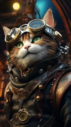 a cat with goggles on its head wearing a steampunk outfit and looking at the camera