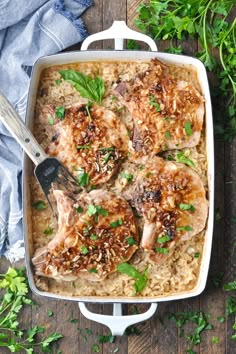 chicken and rice casserole with parsley garnish