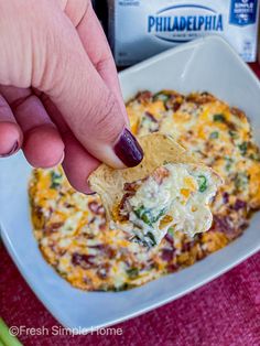 a hand holding a tortilla chip over a bowl of dip