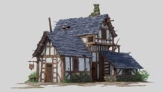 a drawing of a house made out of wood and shingles with a blue roof