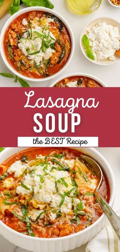 lasagna soup with cheese and spinach on the side