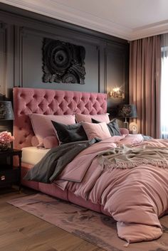 a bed with pink and grey sheets in a bedroom