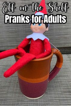 an elf sitting in a mug with the words elf on the shelf franks for adults