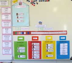 a bulletin board with many different types of words on it and magnets attached to the wall