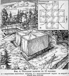 a drawing of a building in the woods with trees around it and a map showing where to go