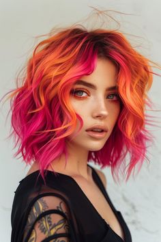 These Short Wavy Bob Ideas Are More Revolutionary Than You Think! Hair Coloration Ideas Color Trends, Fashion Color Hair Short, Fun Hair Color Short Hair, Fun Vibrant Hair Colors, Bright Short Hair, Vibrant Hair Color Ideas Fun, Vivid Copper Hair, Colourful Short Hair, Color Wheel For Hair