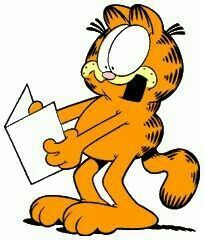 the garfield cat is holding a piece of paper and looking at it's face