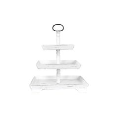 three tiered cake stand in white painted wood with black ring on the top and bottom