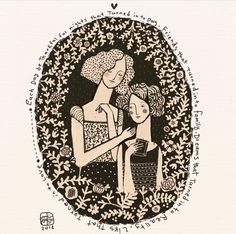 a drawing of two women in an oval with words on the side and below it