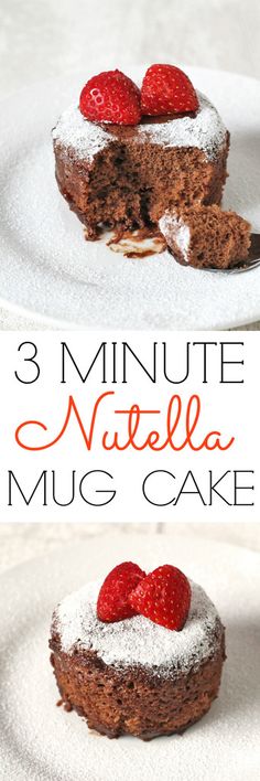 three different images of a chocolate cake with strawberries on top and the words 3 minute nutella mug cake below