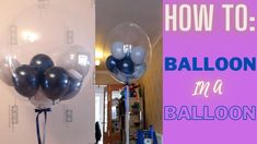 balloons are hanging from the ceiling in front of a wall with text overlaying them