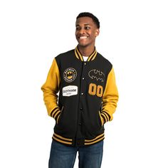 Embrace the hero within with our OFFICIALLY LICENSED Adult Batman Varsity Jacket. Crafted meticulously with heavy-weight fleece, this jacket boasts a perfect blend of 60% cotton and 40% polyester fleece for both comfort and durability. The design stands out with its high-quality twill patch appliques, direct embroidery, and a textured chenille patch, adding layers of sophistication. Whether you're out on a chilly night or heading to a themed event, this jacket ensures you're both stylish and war Batman Symbol, Chenille Patch, Gotham City, Gotham, Heavy Weight, Fleece Jacket, Appliques, Vest Jacket, Dc Comics