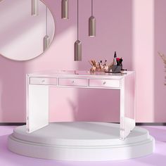 a white vanity table sitting on top of a purple floor