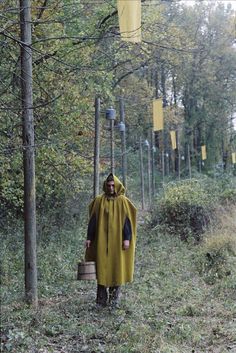 a man in a yellow cloak is walking through the woods with a bucket on his shoulder