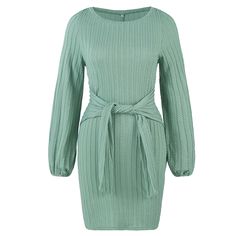 Blueish-green Tie Waist Knit Long Sleeve Dress Green Knit Dresses For Winter, Green Mini Sweater Dress For Winter, Green Ribbed Sweater Dress For Fall, Chic Green Knit Sweater Dress, Fitted Green Knit Sweater Dress, Casual Green Ribbed Sweater Dress, Chic Green Knit Mini Dress, Green Knit Mini Sweater Dress, Elegant Green Mini Sweater Dress