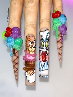 #nailart #3dnails #icecreamnails #tomandjerry #naildesign #naildesignideas #handpaintednailart #handpaintednails #nailsofinstagram #nailsoftheday #acrylicnaildesigns #acrylicnails Tom And Jerry Nails, Ice Cream Nails, Nail Art Disney, Nail Art Set, Y2k Nails, Cream Nails, Painted Nail Art, Acrylic Nails Coffin Pink, Gel Nail Design