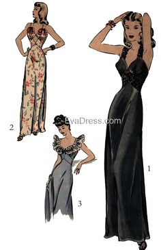 two women in evening gowns and one is wearing a dress with an open back