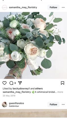 an instagram page with flowers and greenery on the bottom right corner, below is a photo of someone holding a bridal