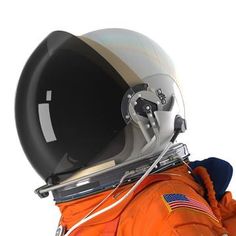 an orange astronaut's space suit and helmet is seen from the back, against a white background