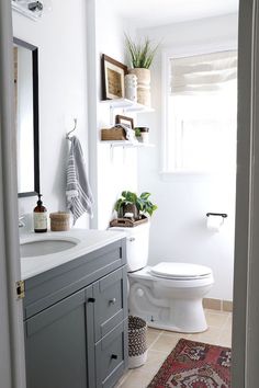 a white toilet sitting next to a bathroom sink under a window on top of a rug