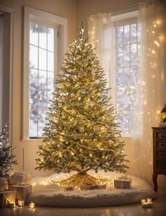 a lit christmas tree in front of a window