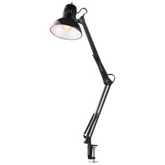 a black desk lamp with a white light on the top and one arm extended to it