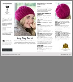 a woman wearing a pink knitted hat with two different photos on it and the words, any day beret