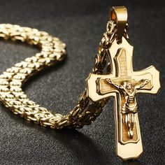 Religious Catholic Crucifix Jesus Cross Necklace for Men Cross Pendent with Bible Necklace Men Necklace For Men Gold, Jesus Cross Necklace, Cross Necklace For Men, Cross Pendent, Catholic Crucifix, Byzantine Chain, Jesus Cross, Necklace Men, Jesus On The Cross