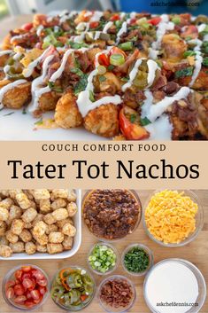 tater tot nachos with different toppings and the title overlay