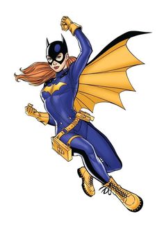 the batgirl is flying through the air with her arms outstretched and legs spread out