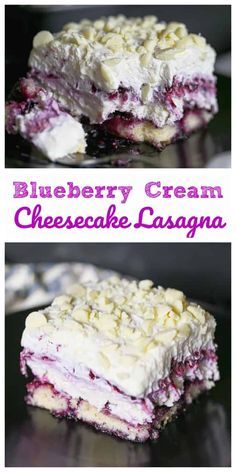 blueberry cream cheesecake lasagna is cut in half and stacked on top of each other