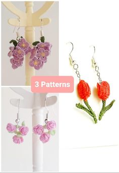 crochet flower earrings with 3 patterns to make them look like they have flowers on them