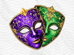 two masquerade masks with gold and green designs on the face, against a white background